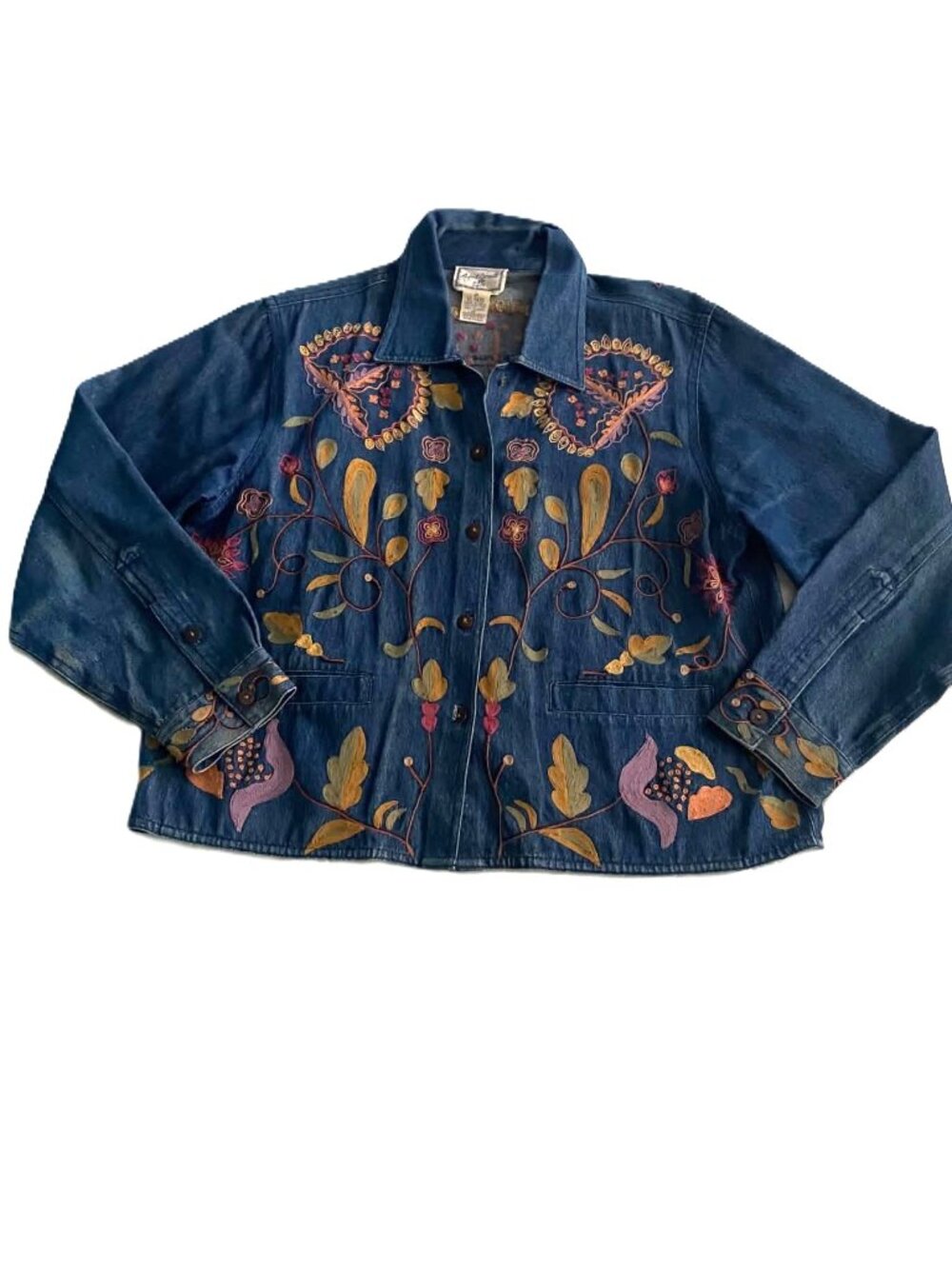April Cornell Embroidered Denim Jacket Women's M Floral Boho 100% Cotton